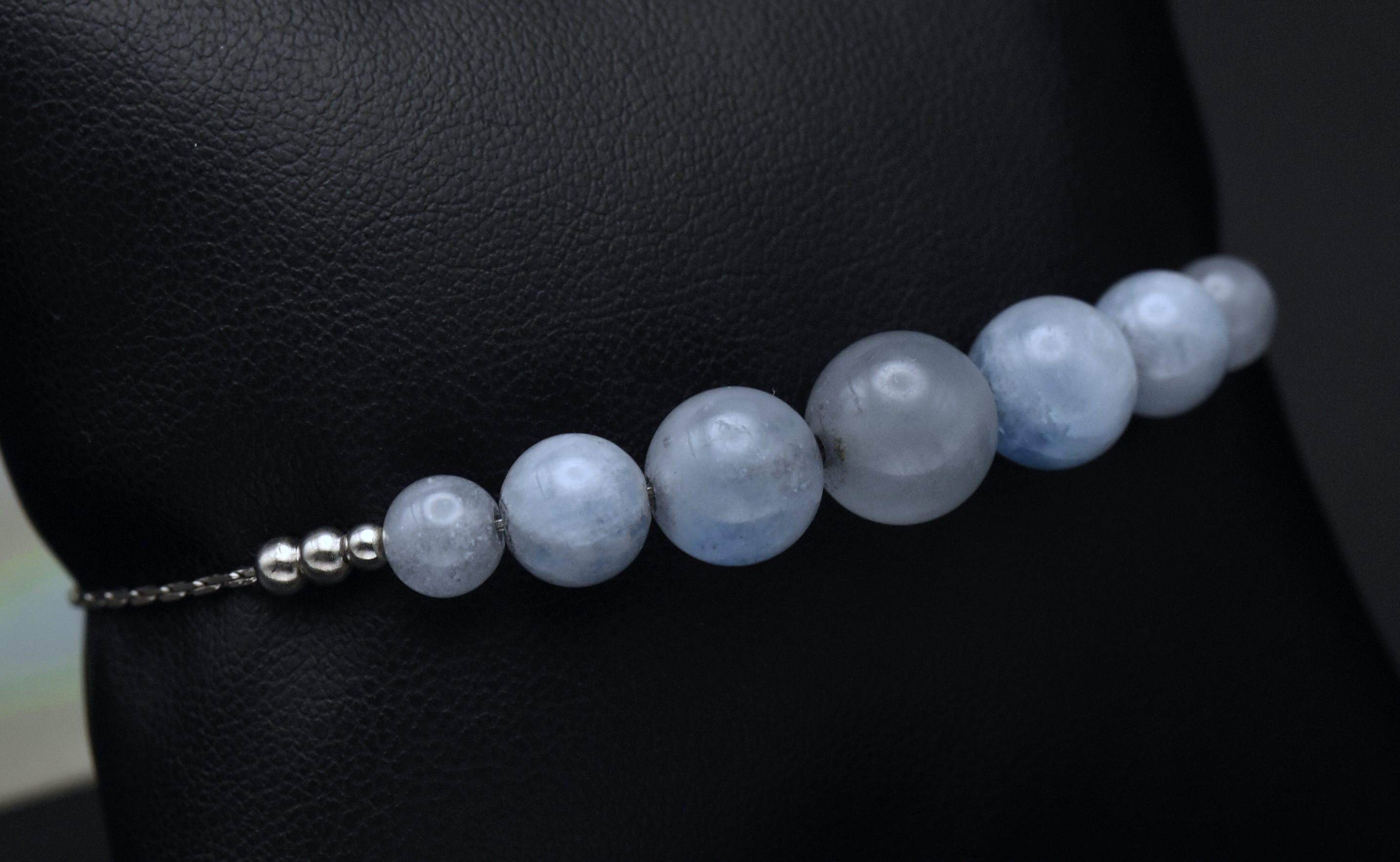 Cat's Eye Aquamarine Beaded Sterling Silver Adjustable Lariat Bracelet