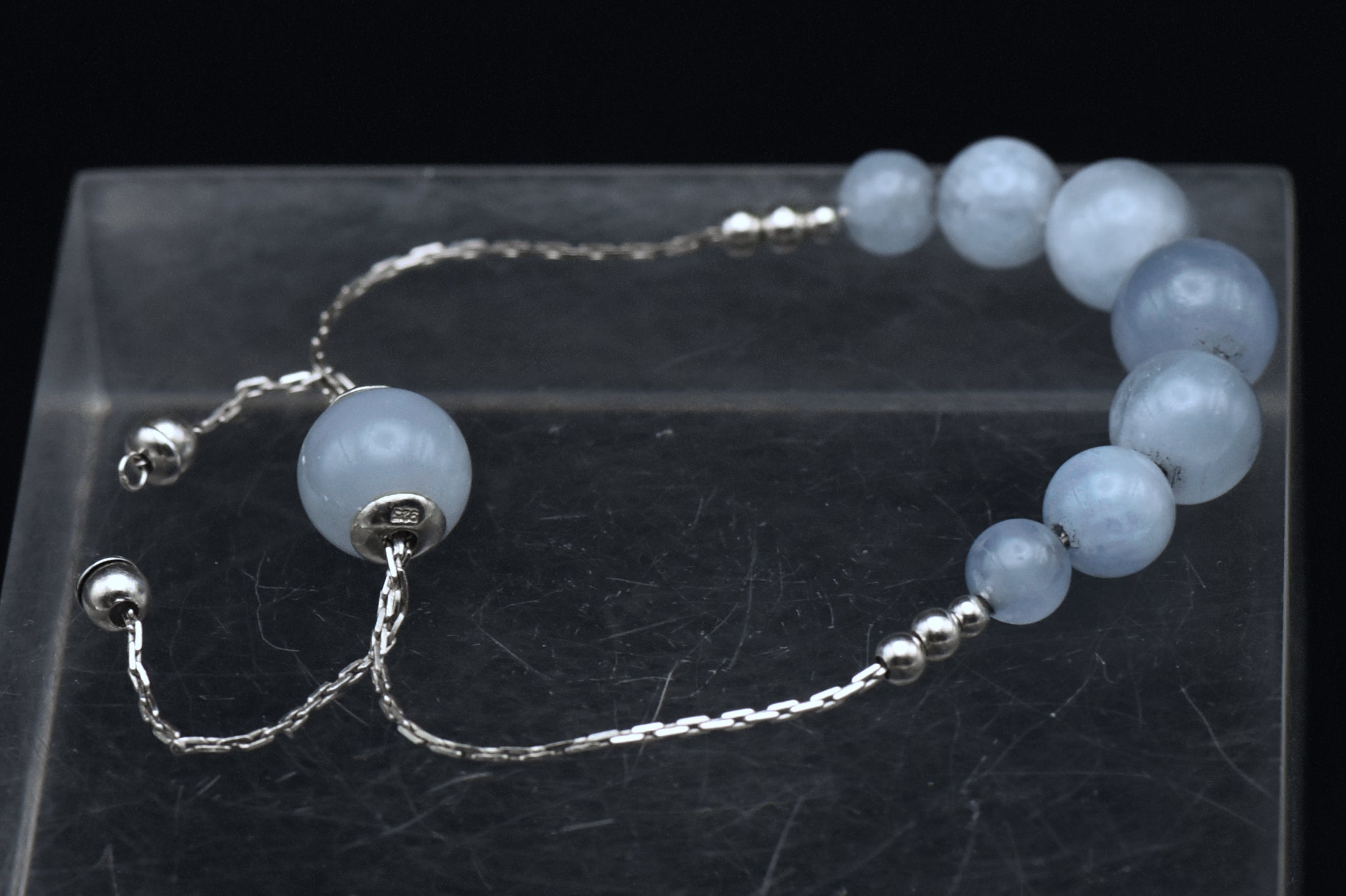 Cat's Eye Aquamarine Beaded Sterling Silver Adjustable Lariat Bracelet