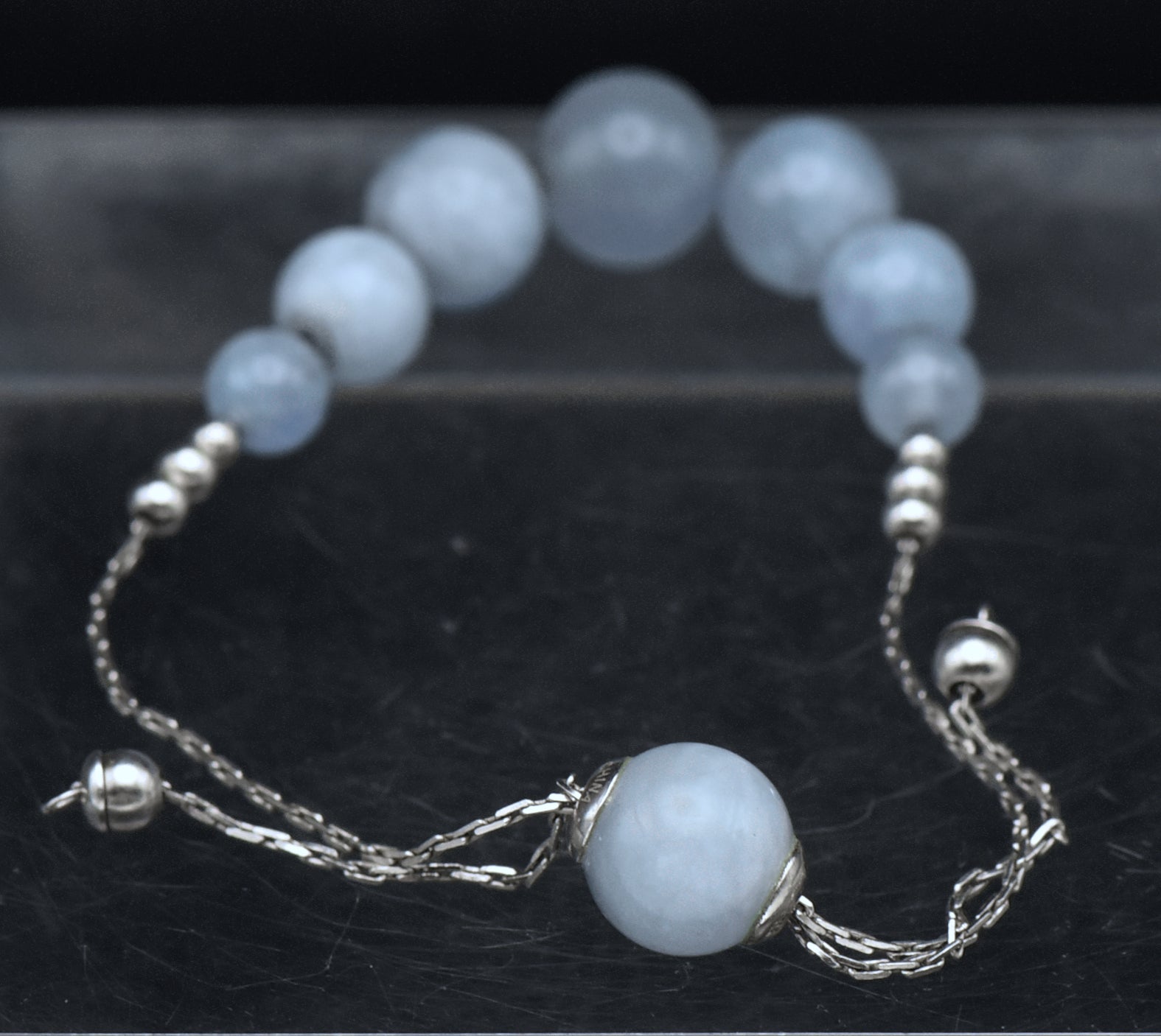 Cat's Eye Aquamarine Beaded Sterling Silver Adjustable Lariat Bracelet