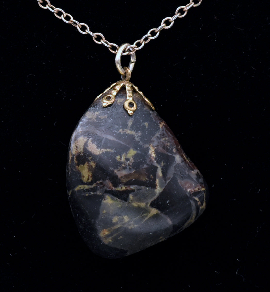 Tumbled Black Stone Pendant on Gold Tone Chain Necklace - 17"