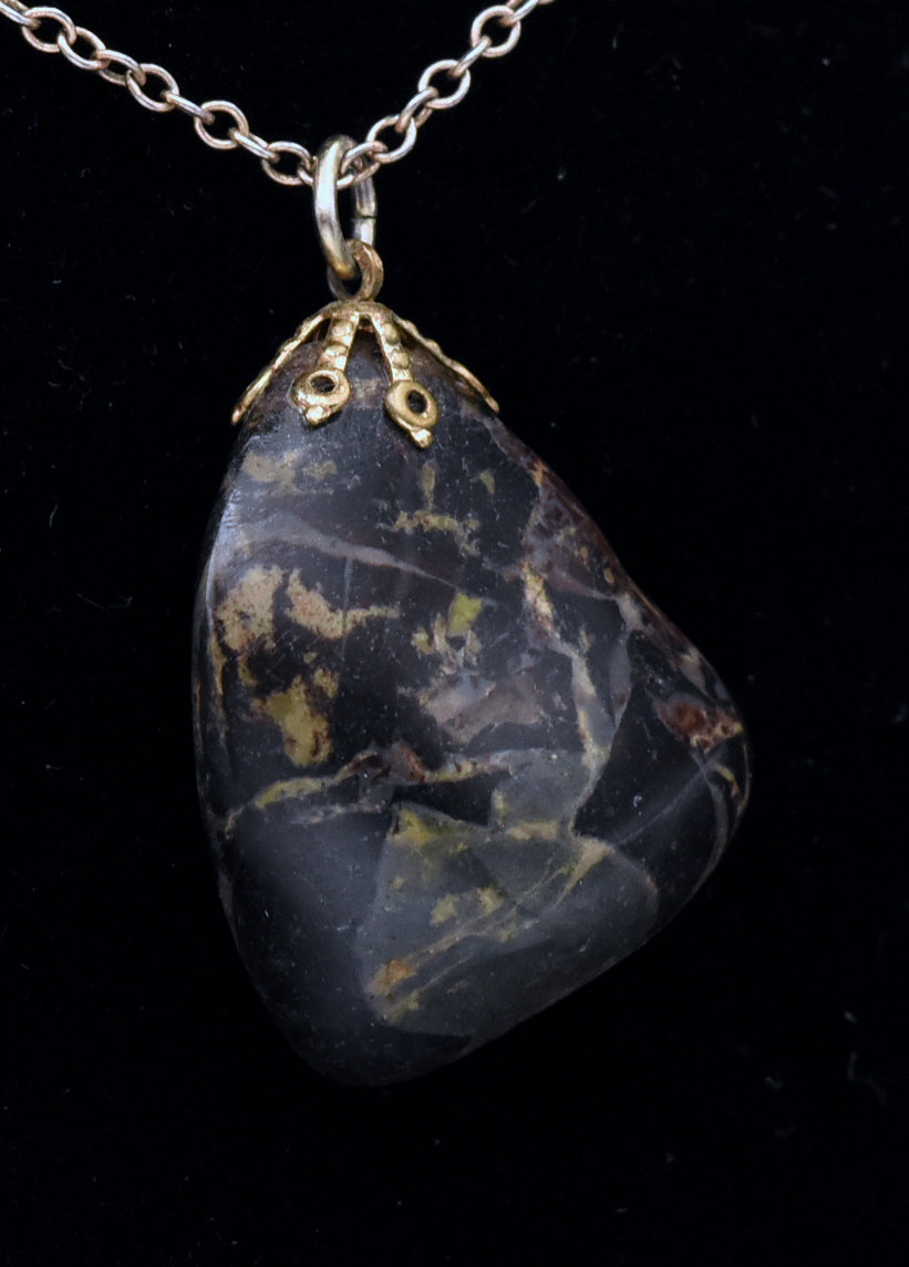 Tumbled Black Stone Pendant on Gold Tone Chain Necklace - 17"