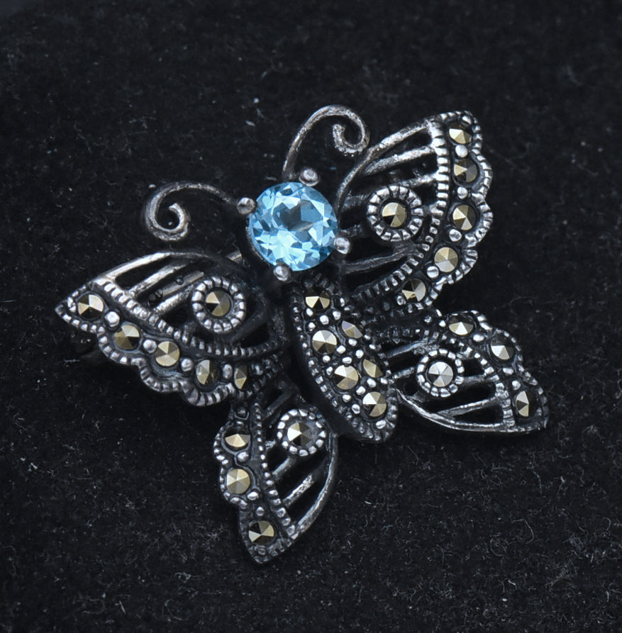 Vintage Sterling Silver, Blue Topaz and Marcasite Butterfly Brooch