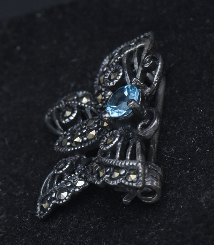 Vintage Sterling Silver, Blue Topaz and Marcasite Butterfly Brooch