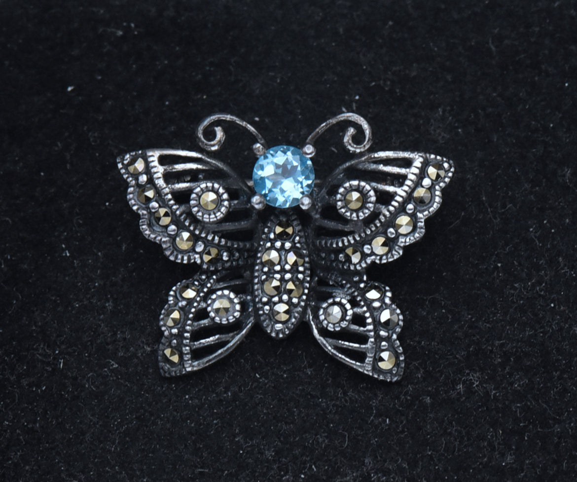 Vintage Sterling Silver, Blue Topaz and Marcasite Butterfly Brooch