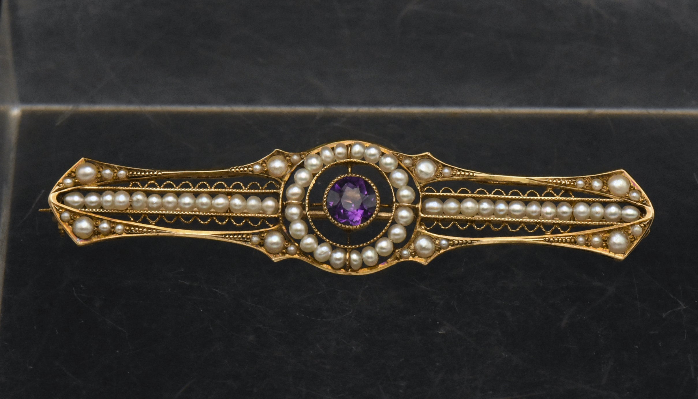 Antique 14K Gold, Amethyst and Cultured Pearl Bar Brooch