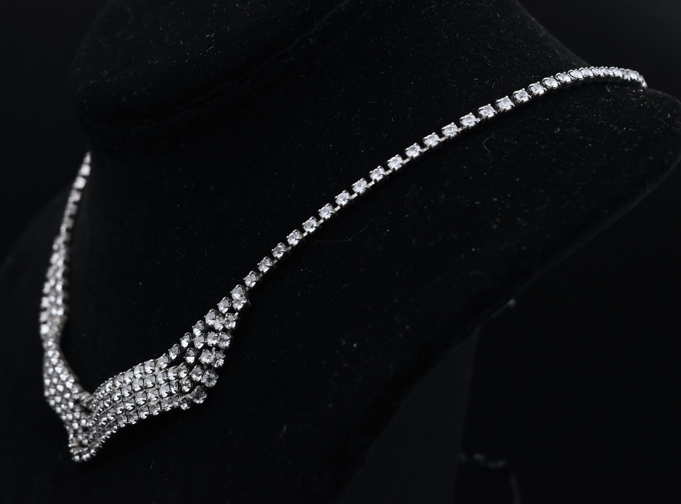 Vintage Silver Tone Rhinestone Bib Necklace - 16.25"