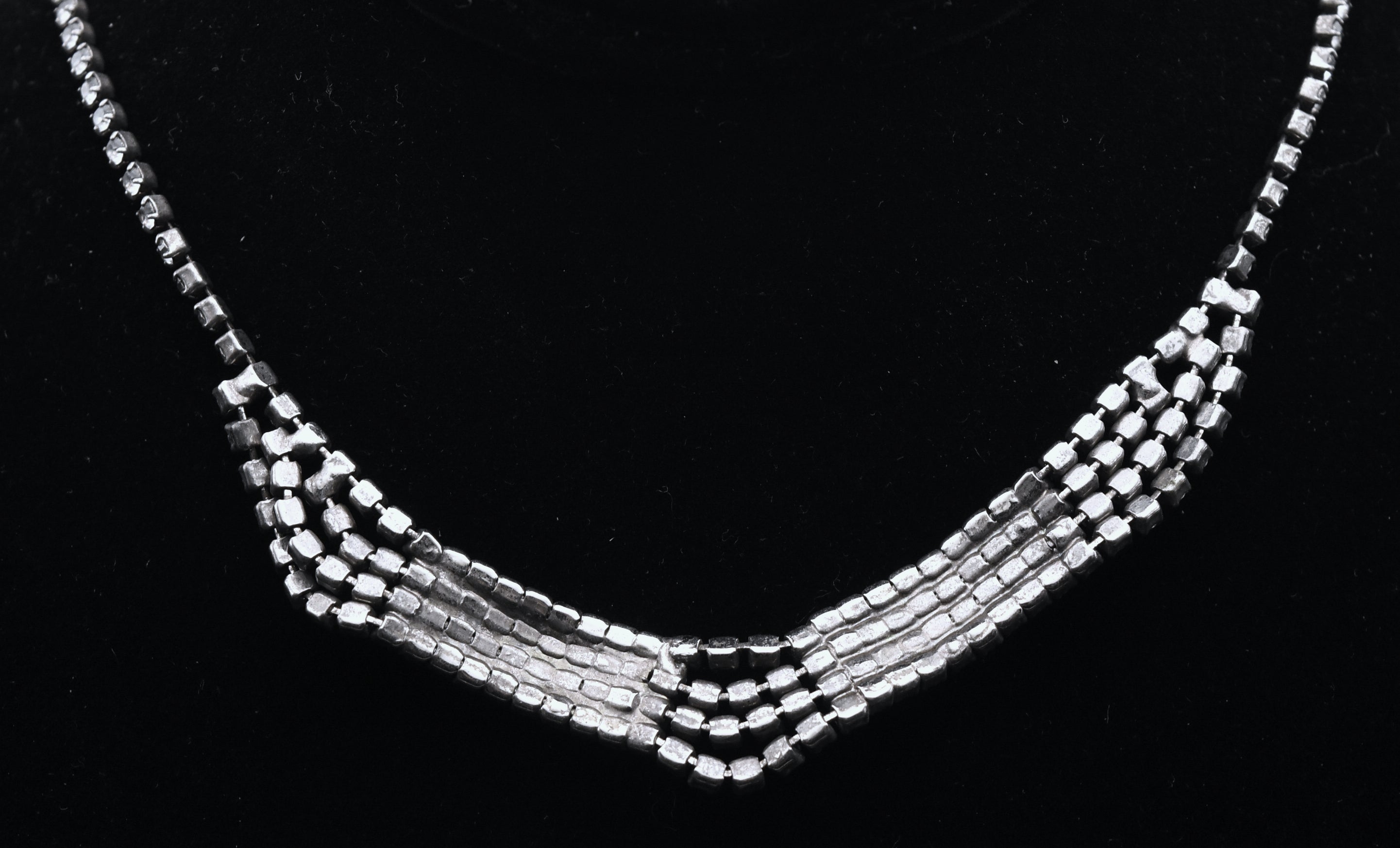 Vintage Silver Tone Rhinestone Bib Necklace - 16.25"