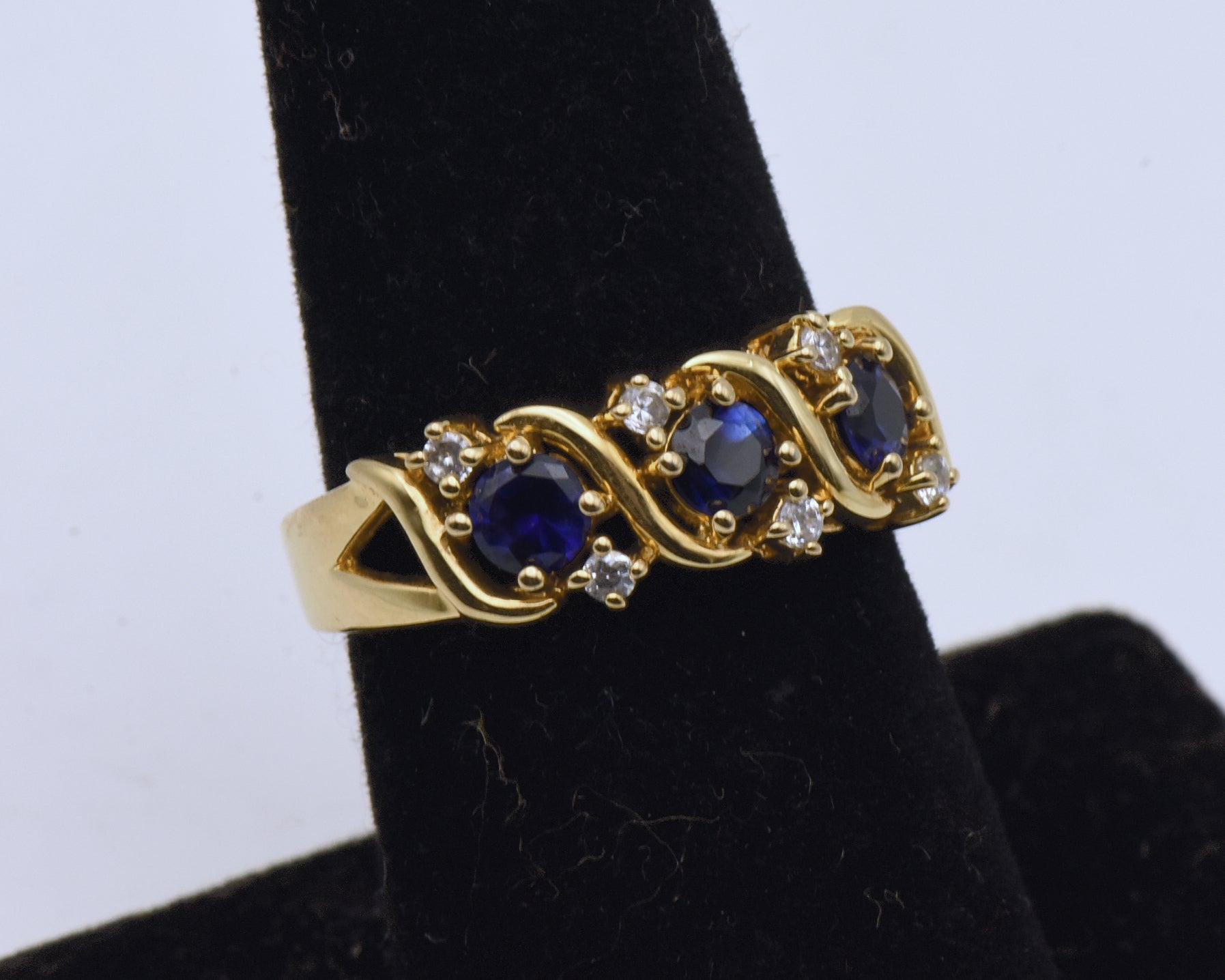 Vintage Sapphire and Rhinestone Gold Tone Sterling Silver Ring - Size 7