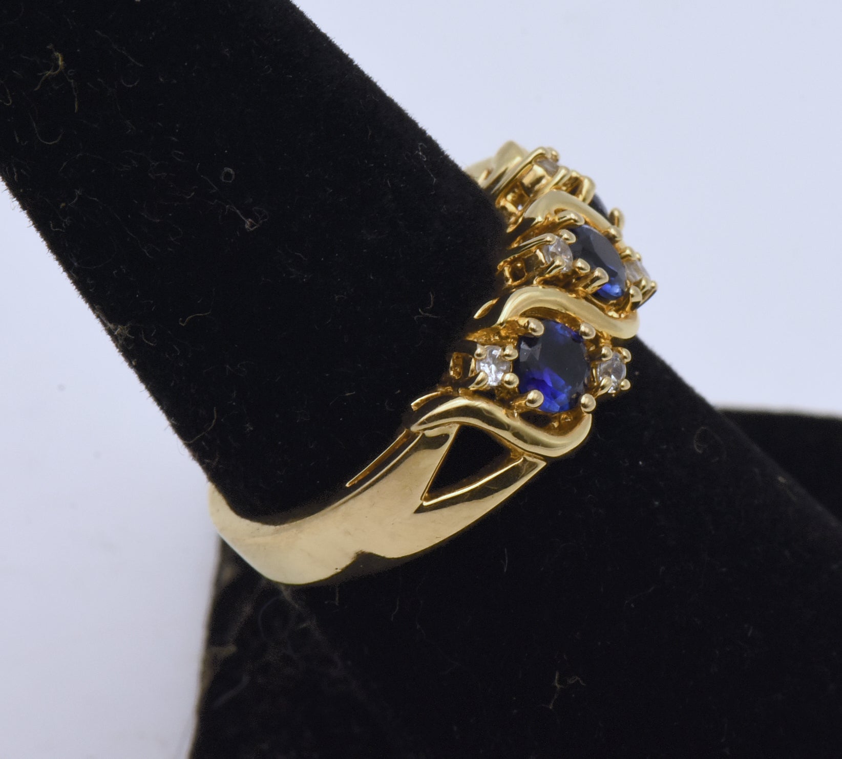 Vintage Sapphire and Rhinestone Gold Tone Sterling Silver Ring - Size 7