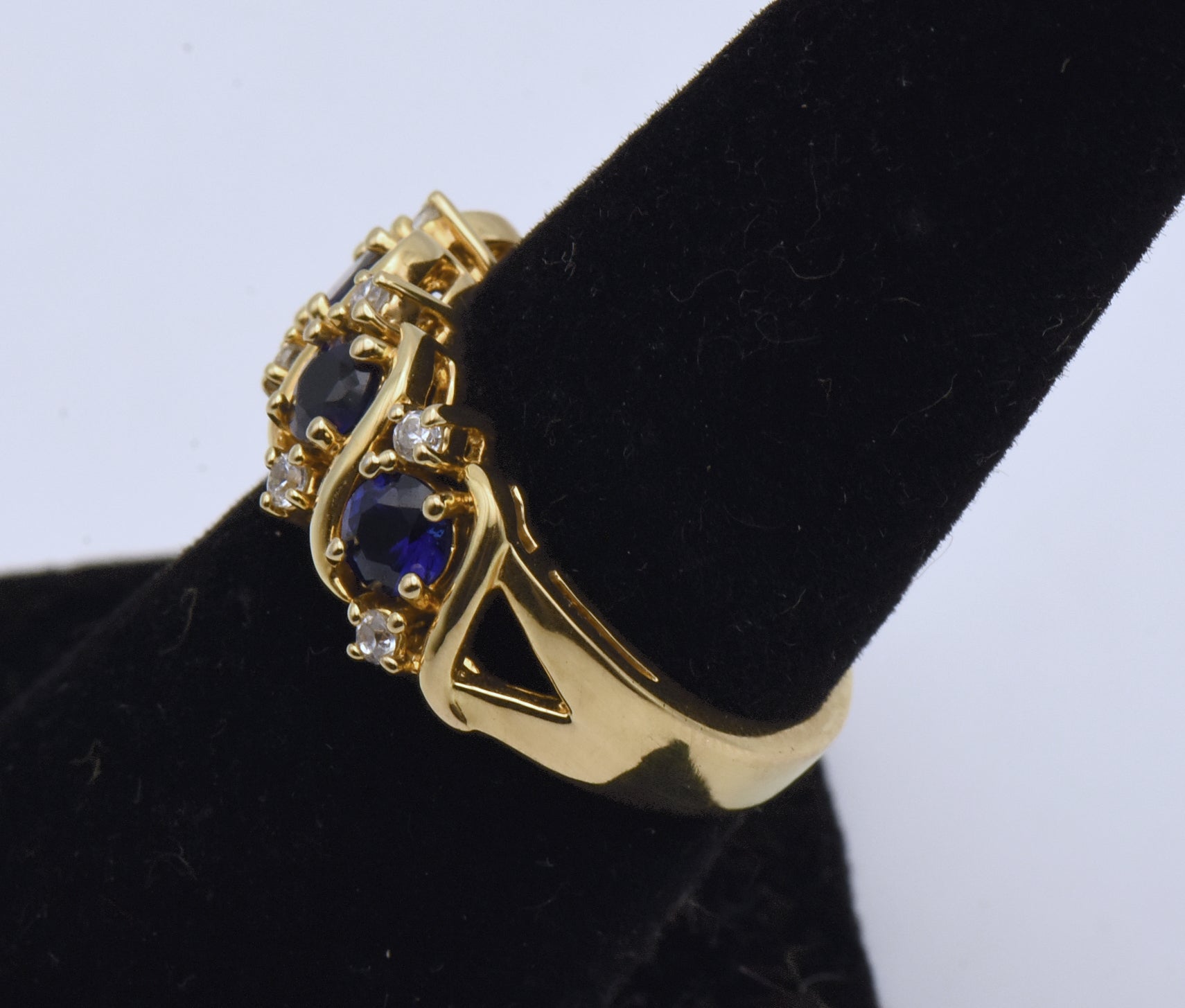 Vintage Sapphire and Rhinestone Gold Tone Sterling Silver Ring - Size 7
