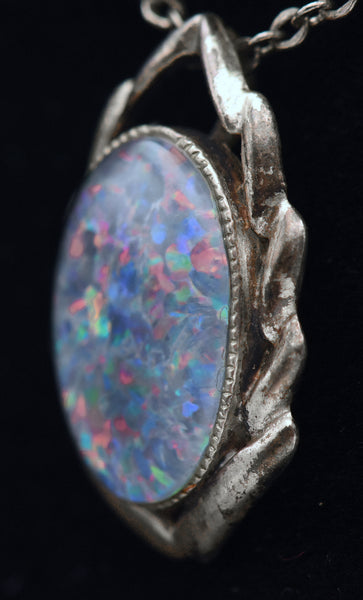Vintage Blue Opal Triplet Sterling Silver Pendant Necklace - 18.125"