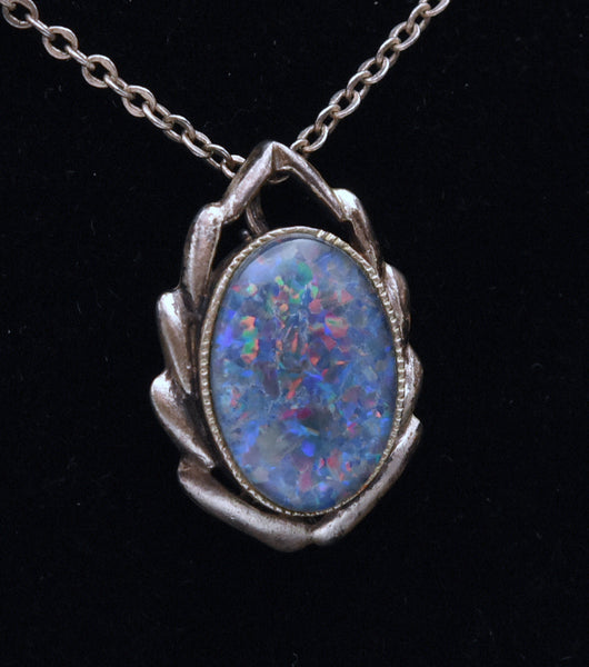 Vintage Blue Opal Triplet Sterling Silver Pendant Necklace - 18.125"