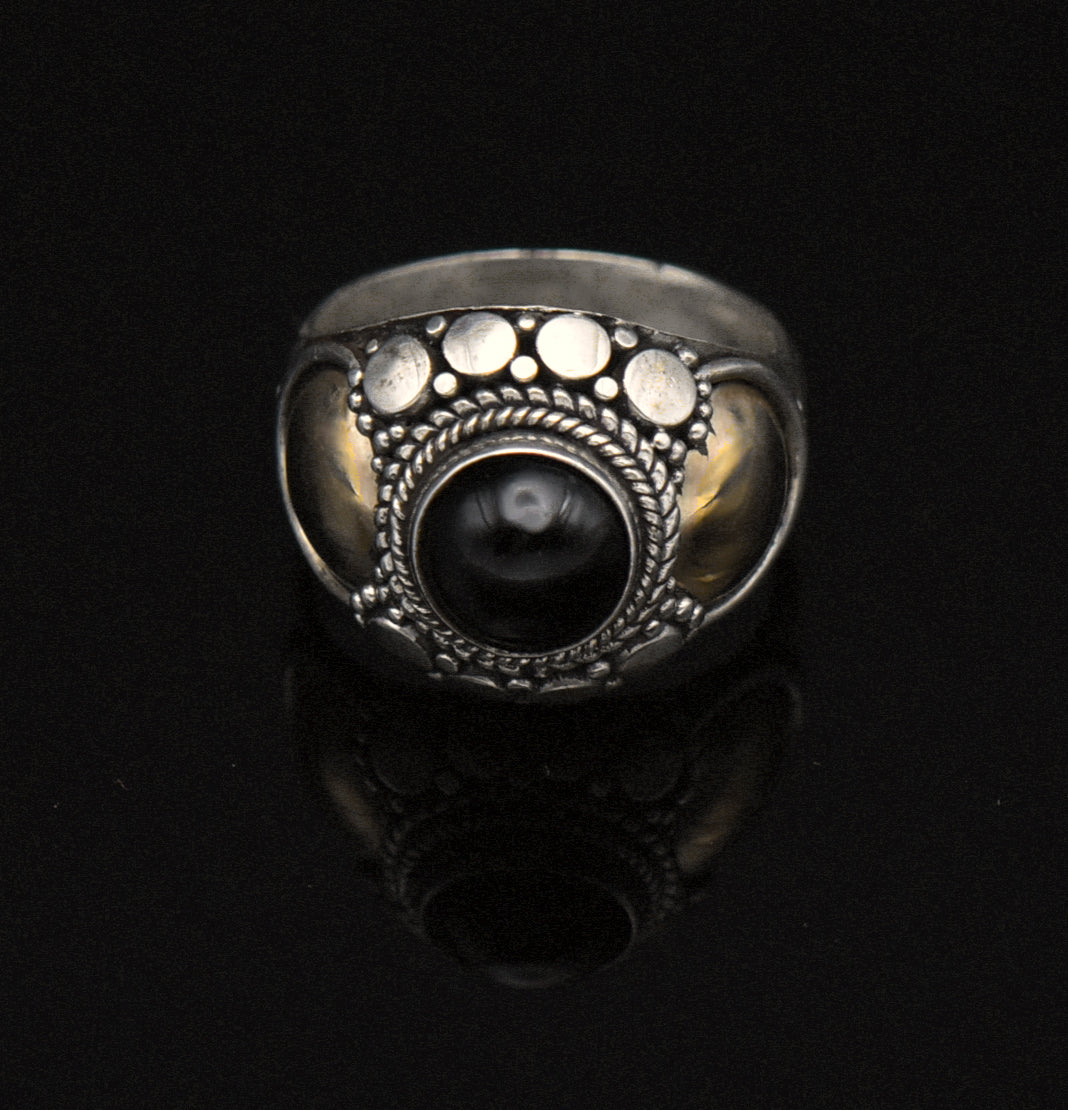 Vintage Handmade Sterling Silver and Gold Black Onyx Ring - Size 4