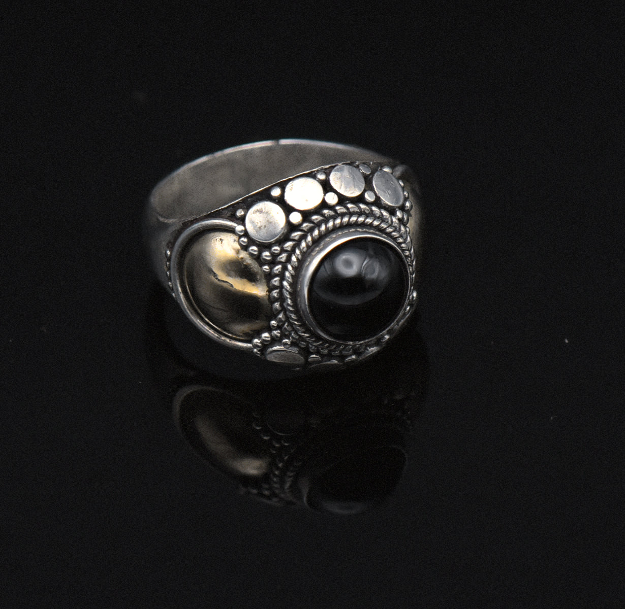 Vintage Handmade Sterling Silver and Gold Black Onyx Ring - Size 4