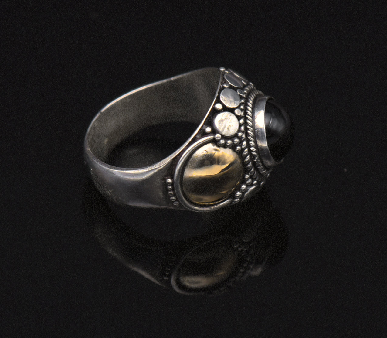 Vintage Handmade Sterling Silver and Gold Black Onyx Ring - Size 4