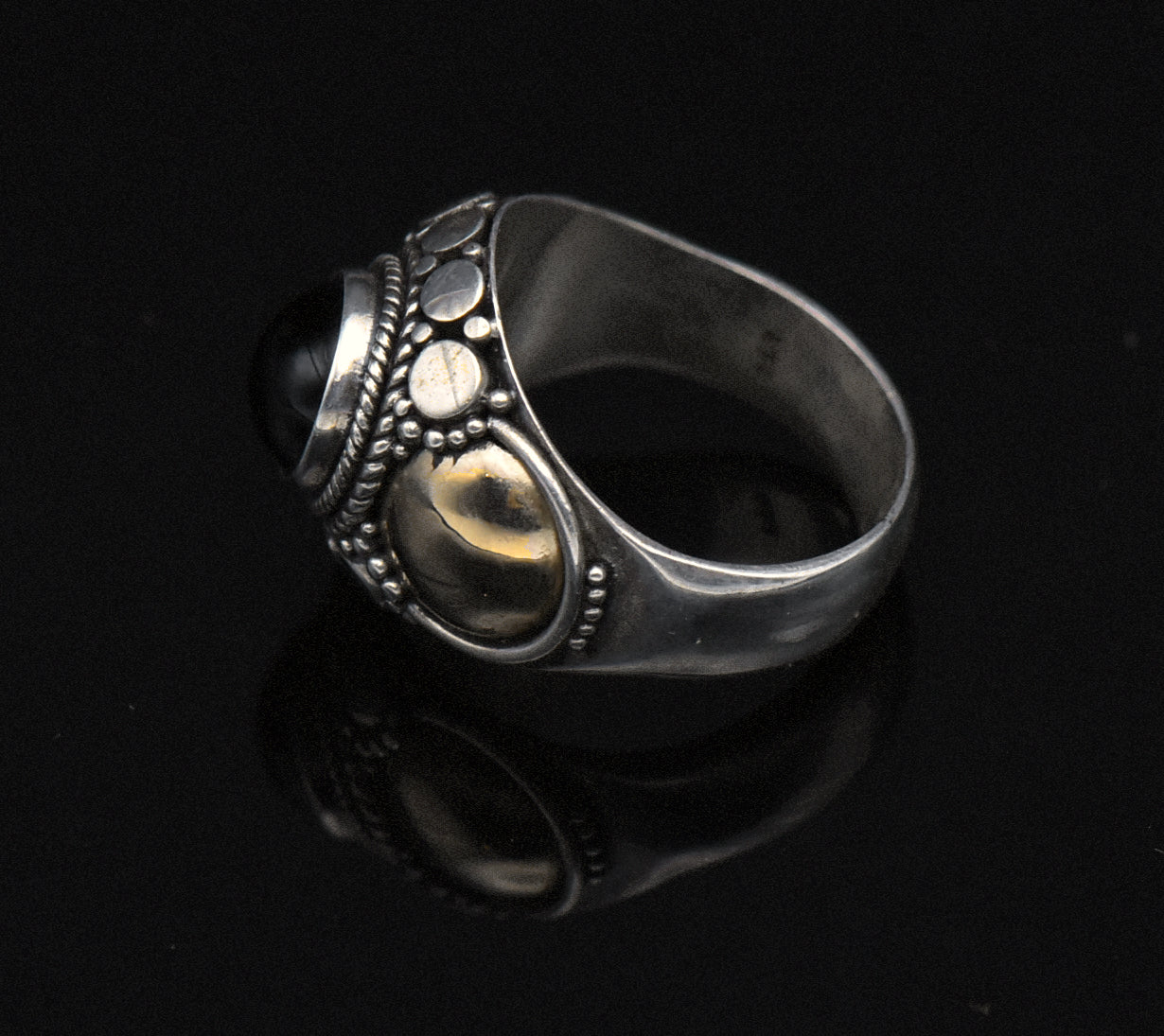 Vintage Handmade Sterling Silver and Gold Black Onyx Ring - Size 4