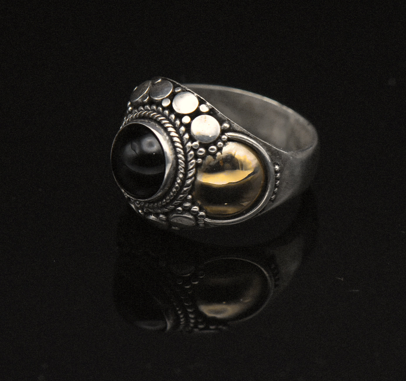Vintage Handmade Sterling Silver and Gold Black Onyx Ring - Size 4
