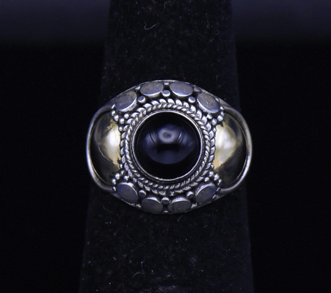 Vintage Handmade Sterling Silver and Gold Black Onyx Ring - Size 4