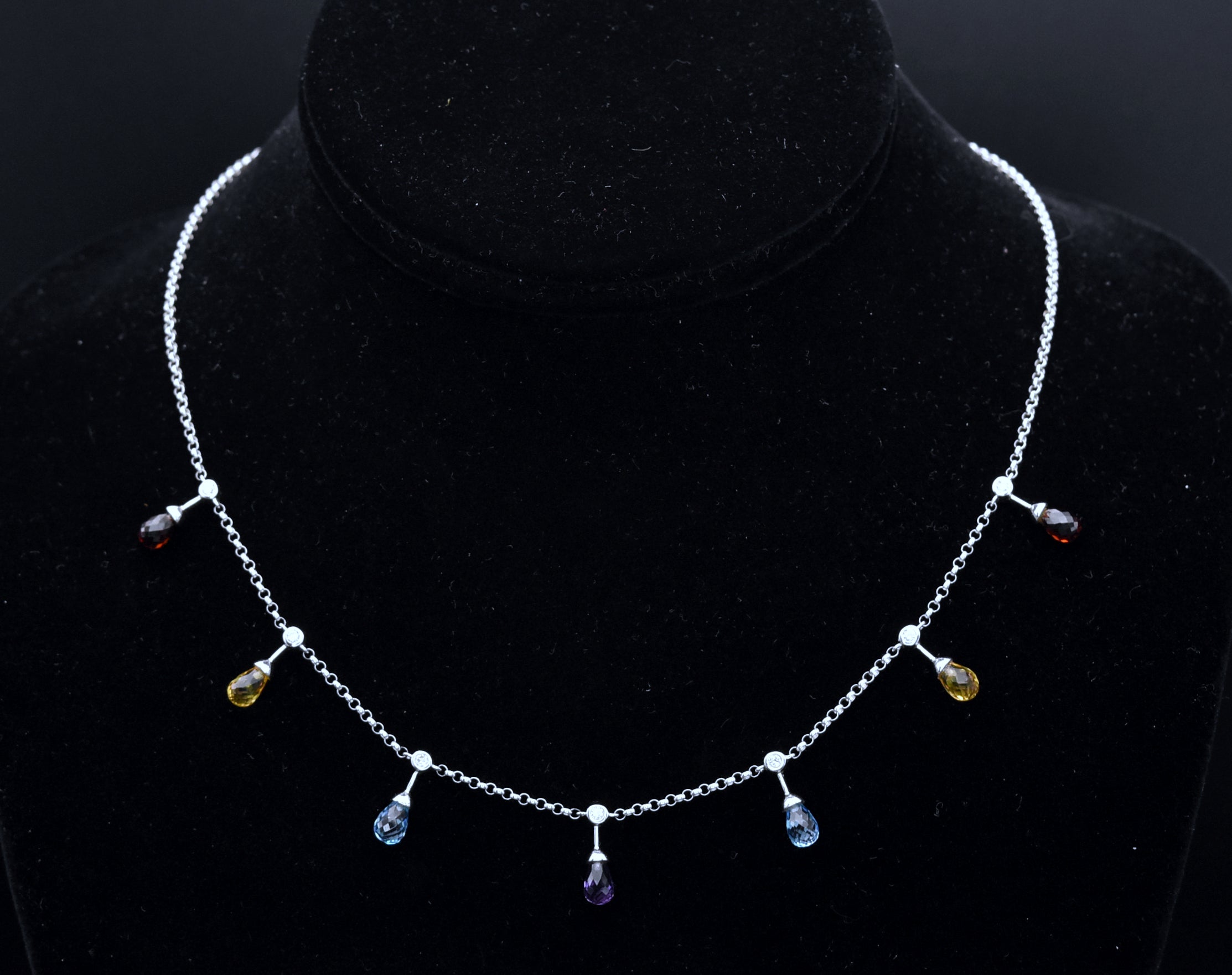 14K White Gold Diamonds, Blue Topaz, Red Garnet, Amethyst and Citrine Chain Necklace - 16.5"