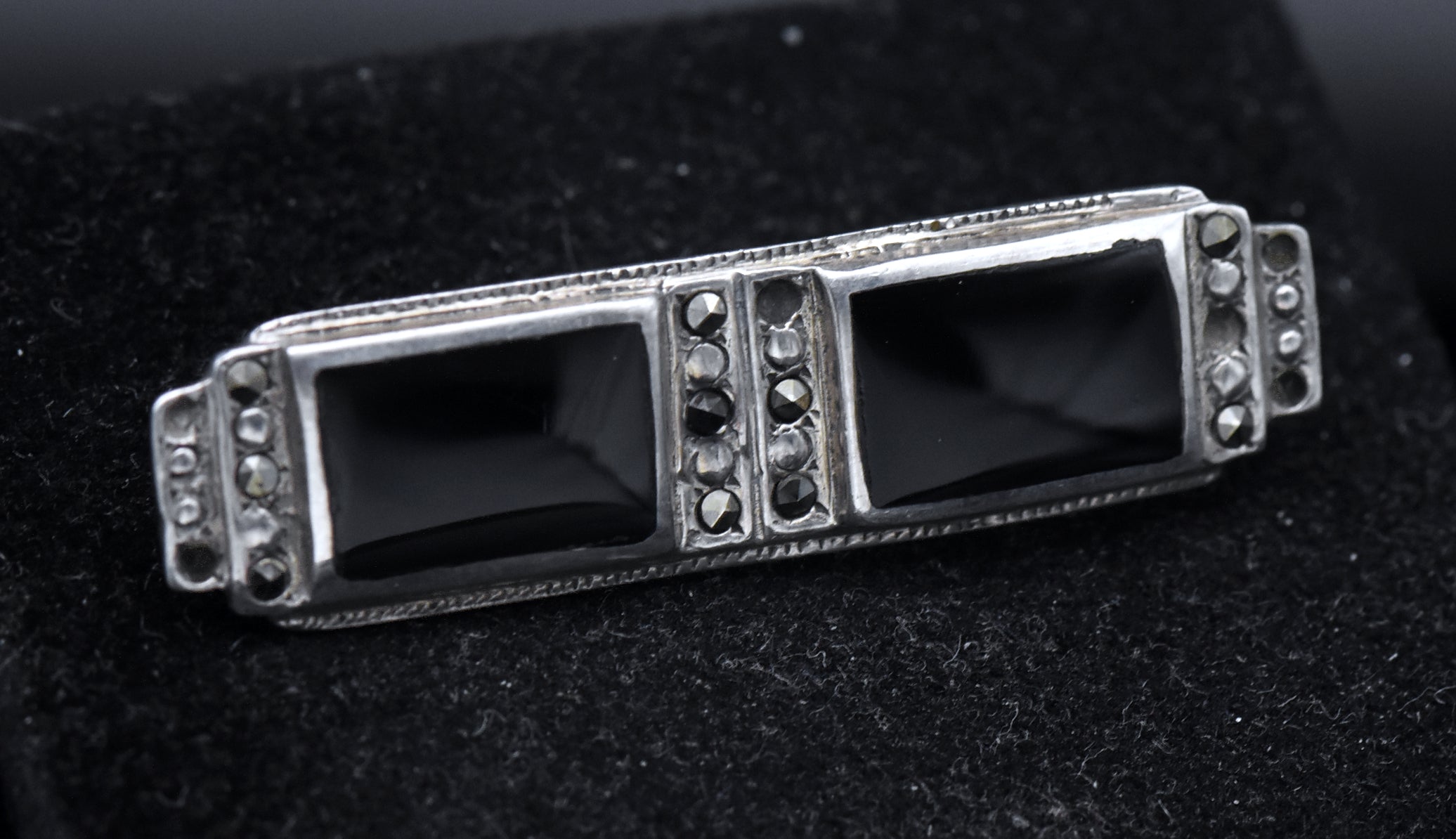 Vintage Sterling Silver, Black Onyx and Marcasite Bar Pin