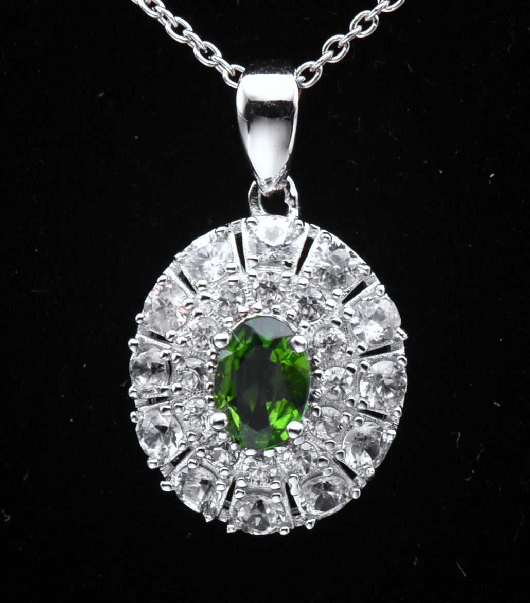 Chrome Diopside and Zircon Sterling Silver Pendant Chain Necklace - 18"