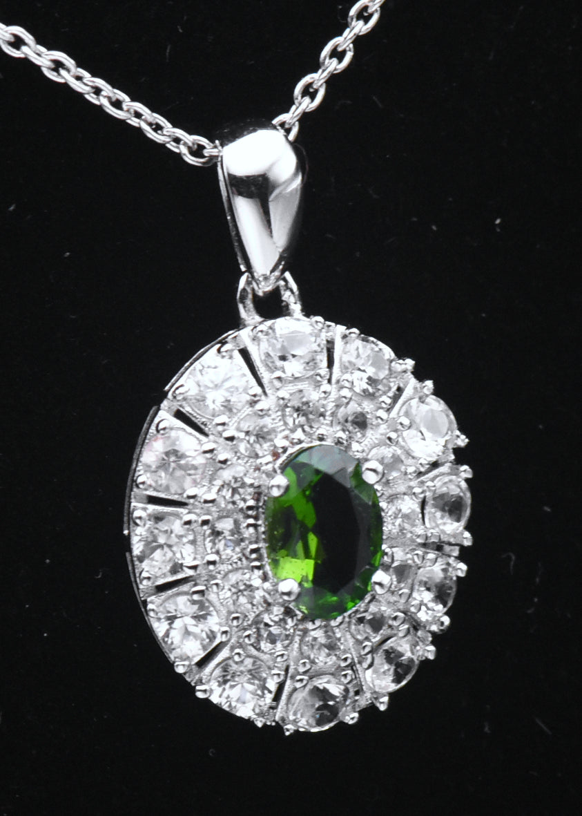 Chrome Diopside and Zircon Sterling Silver Pendant Chain Necklace - 18"