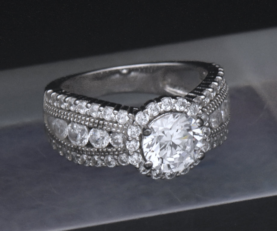 Sterling Silver Round Cut Cubic Zirconia Halo Ring - Size 6.25