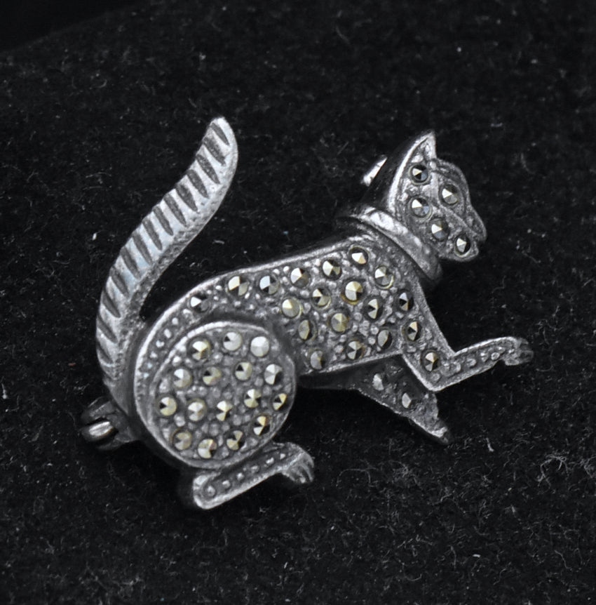 Vintage Sterling Silver and Marcasite Cat Brooch