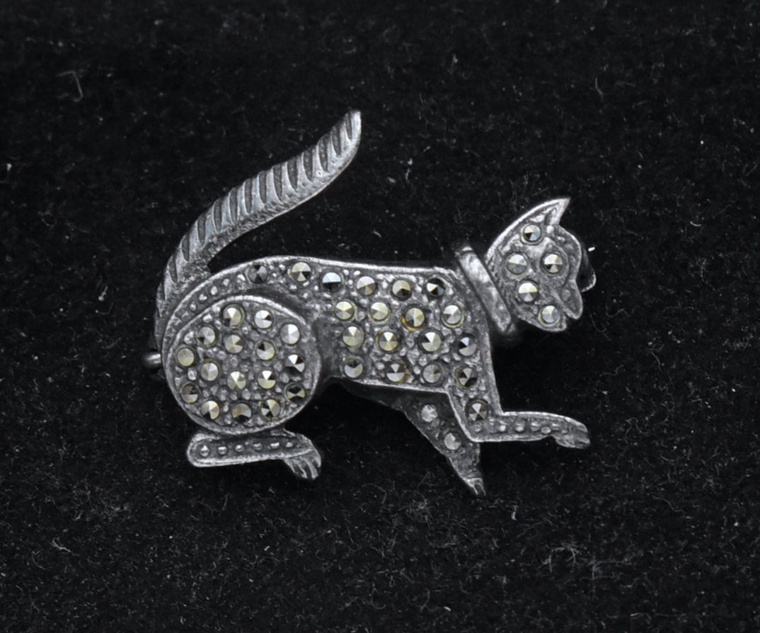 Vintage Sterling Silver and Marcasite Cat Brooch
