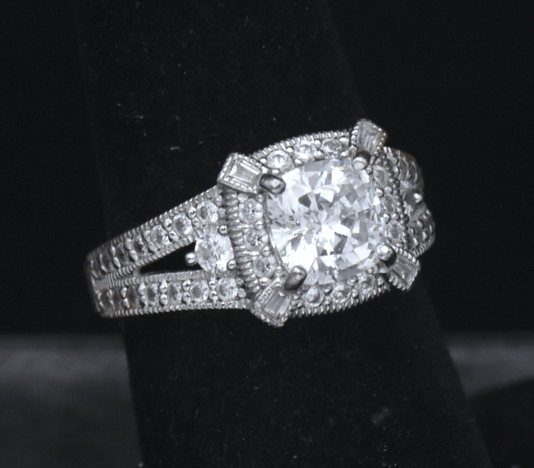 Sterling Silver Cushion Cut Cubic Zirconia Halo Ring - Size 6