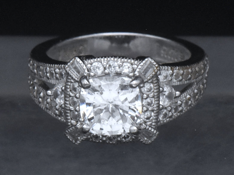 Sterling Silver Cushion Cut Cubic Zirconia Halo Ring - Size 6