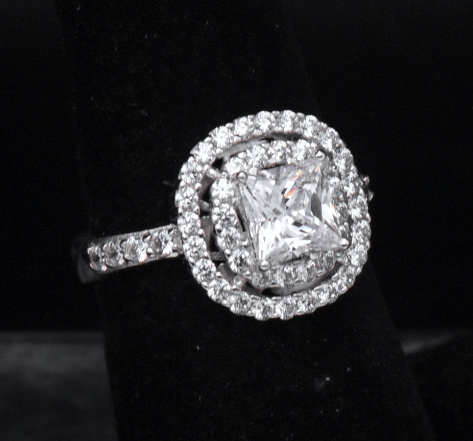 Sterling Silver Princess Cut Cubic Zirconia Double Halo Ring - Size 6