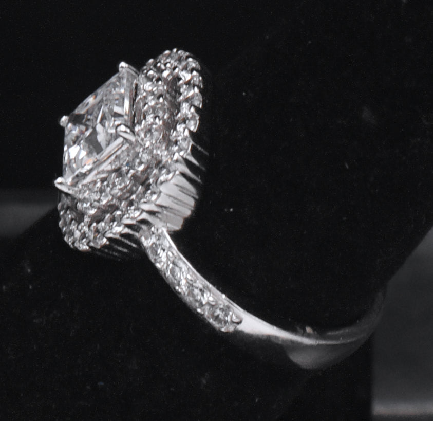 Sterling Silver Princess Cut Cubic Zirconia Double Halo Ring - Size 6