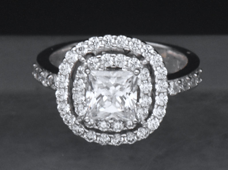 Sterling Silver Princess Cut Cubic Zirconia Double Halo Ring - Size 6