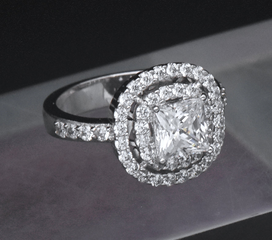 Sterling Silver Princess Cut Cubic Zirconia Double Halo Ring - Size 6