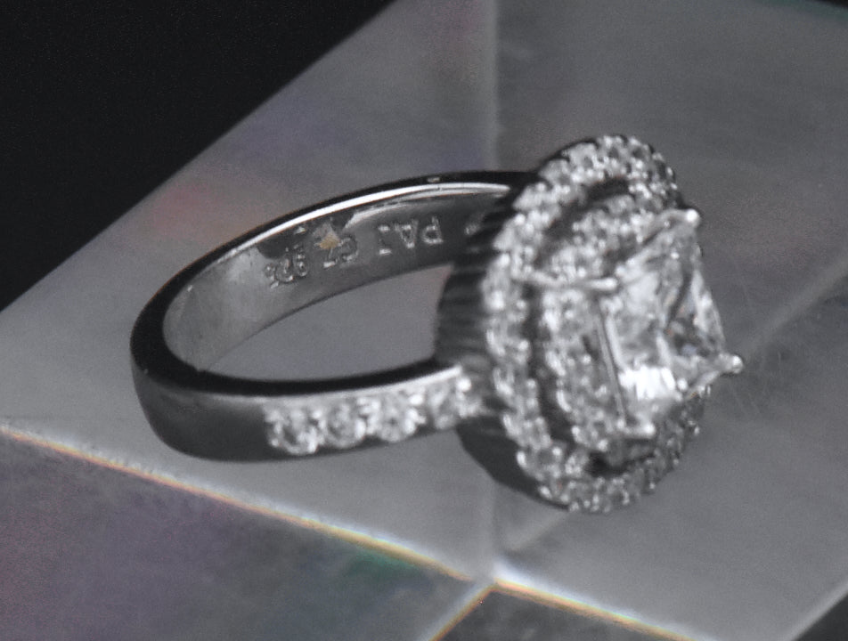 Sterling Silver Princess Cut Cubic Zirconia Double Halo Ring - Size 6