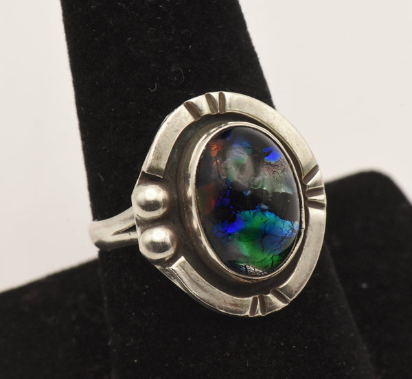 Vintage Handmade Sterling Silver Dichroic Glass Ring - Size 8.5