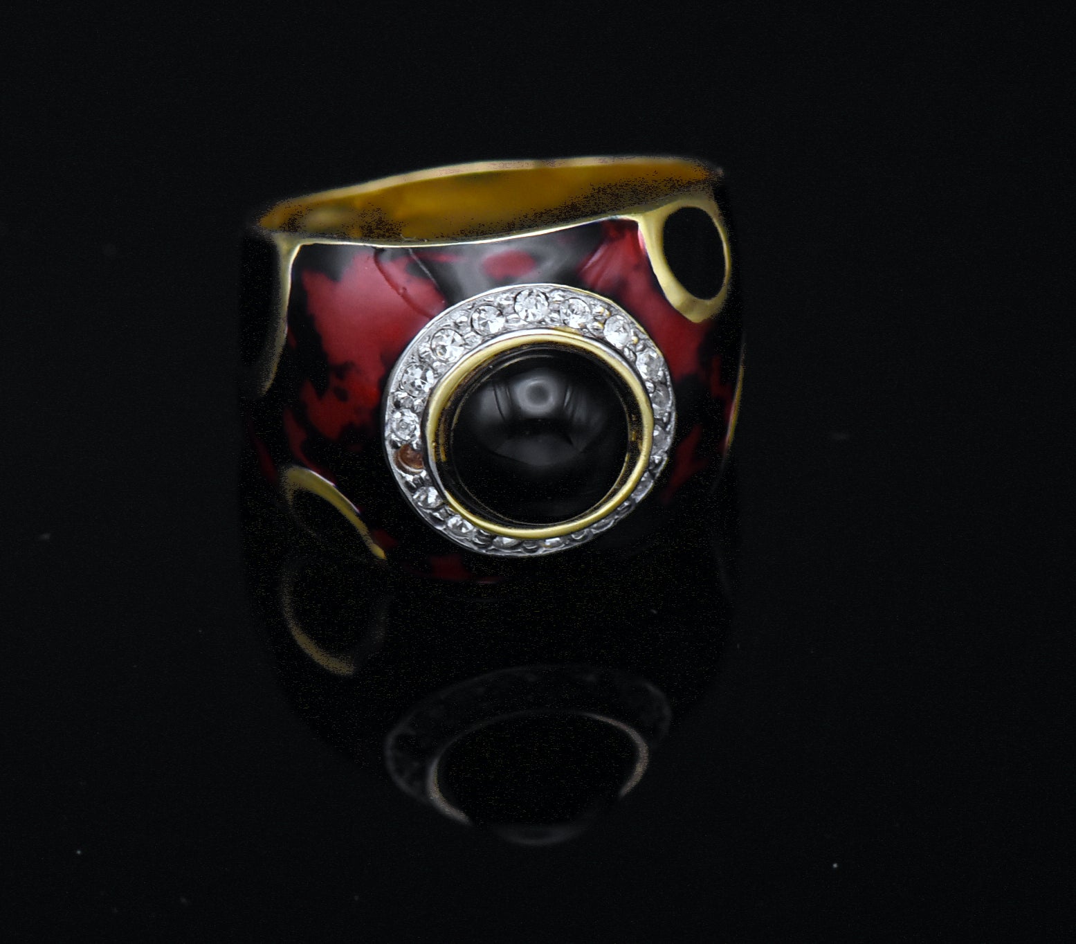 Vintage Italian Vermeil, Black Onyx and Enamel Ring - Size 8.75 READ DESCRIPTION