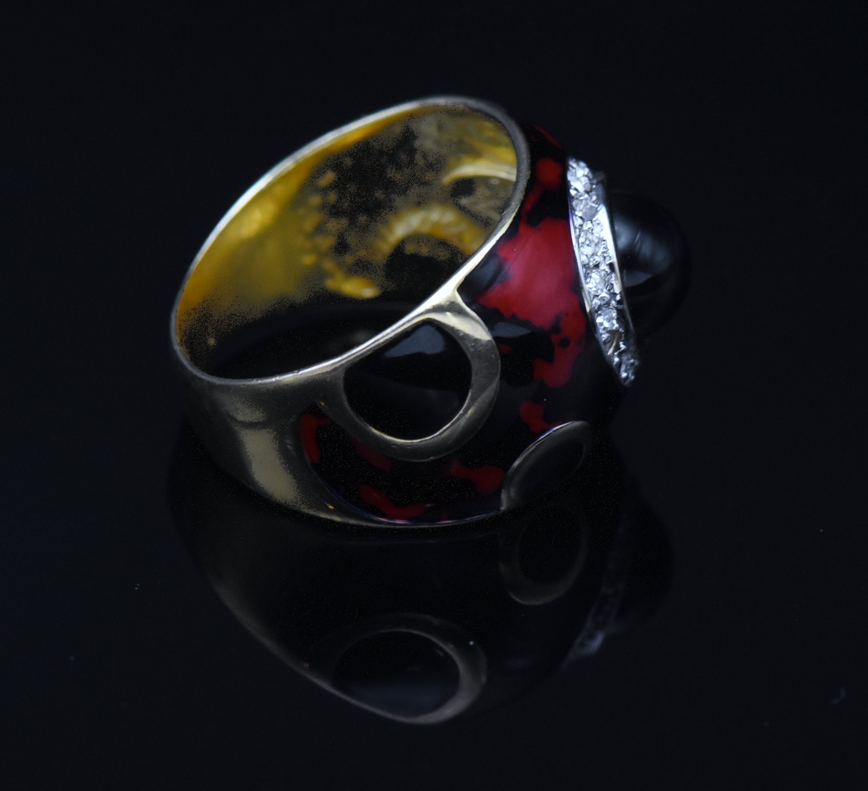 Vintage Italian Vermeil, Black Onyx and Enamel Ring - Size 8.75 READ DESCRIPTION