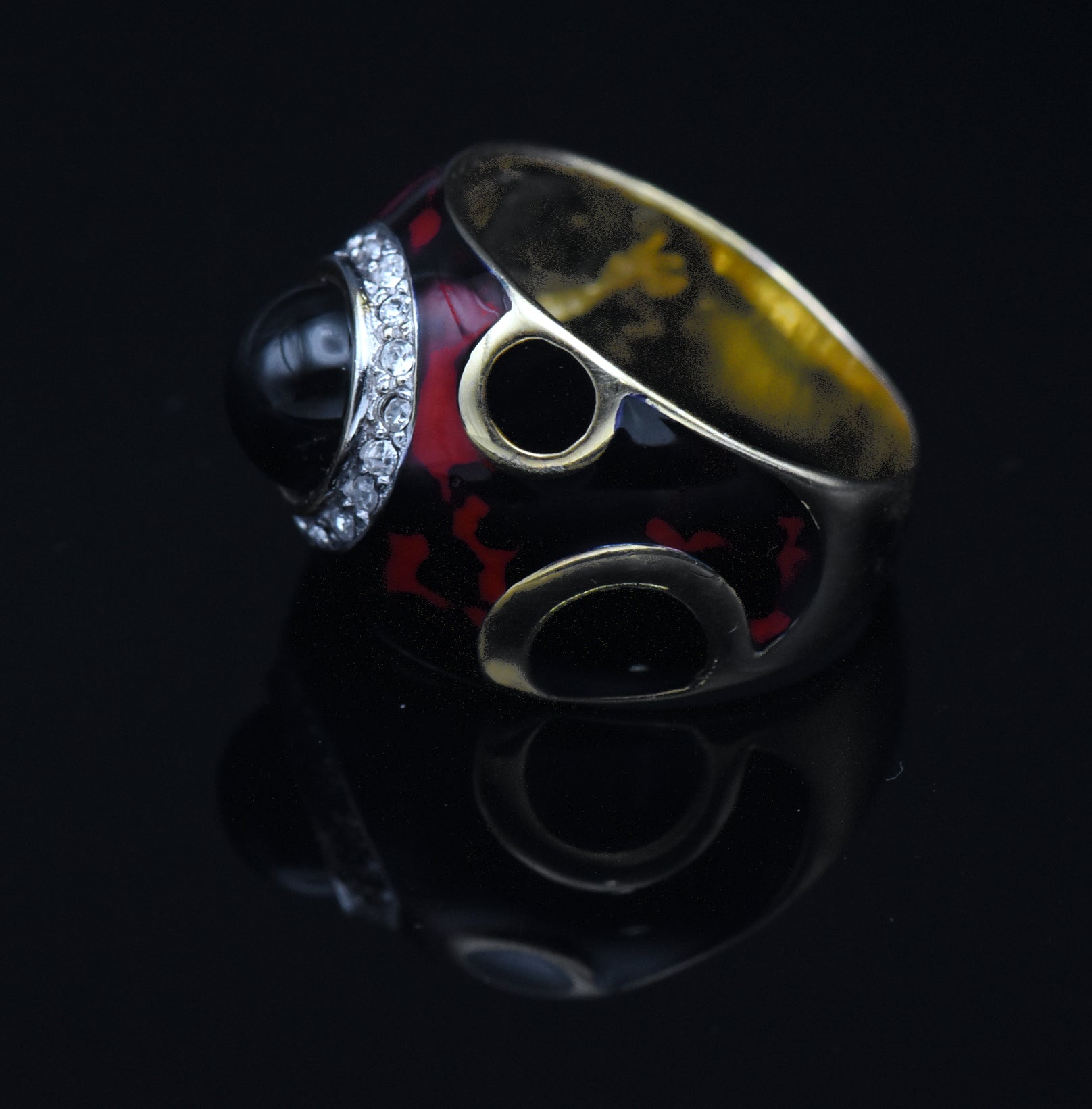 Vintage Italian Vermeil, Black Onyx and Enamel Ring - Size 8.75 READ DESCRIPTION