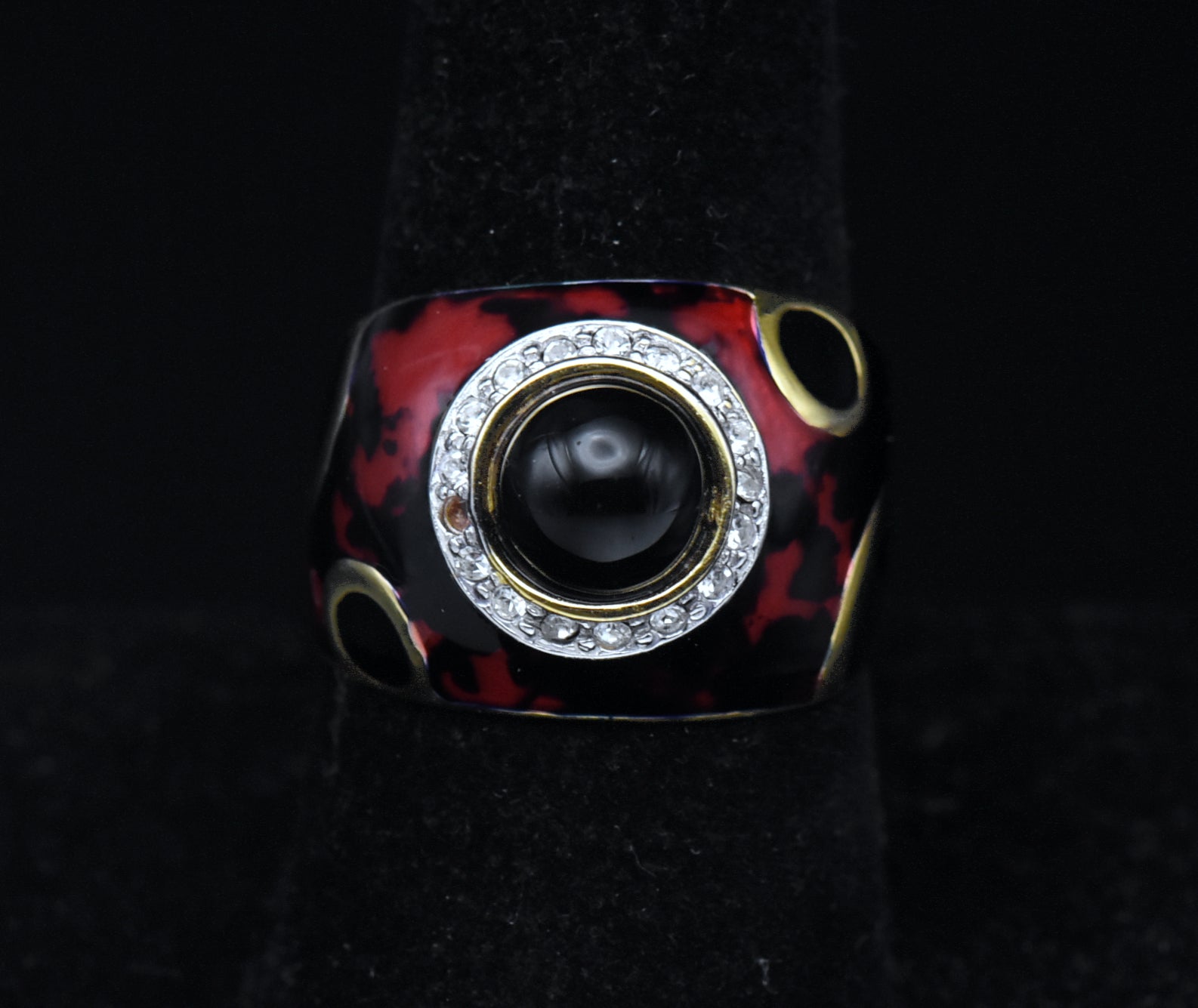 Vintage Italian Vermeil, Black Onyx and Enamel Ring - Size 8.75 READ DESCRIPTION