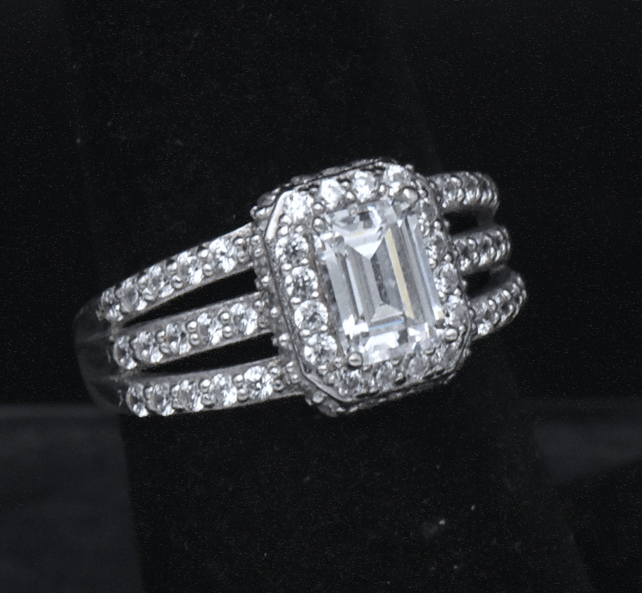 Sterling Silver Emerald Cut Cubic Zirconia Halo Ring - Size 6.25