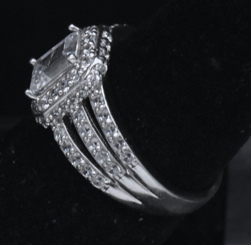 Sterling Silver Emerald Cut Cubic Zirconia Halo Ring - Size 6.25
