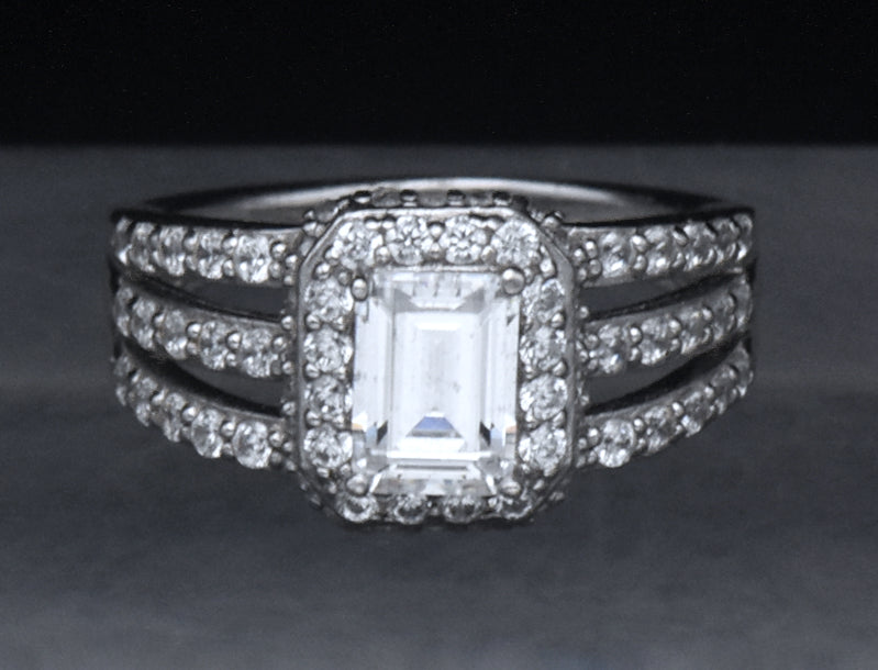 Sterling Silver Emerald Cut Cubic Zirconia Halo Ring - Size 6.25