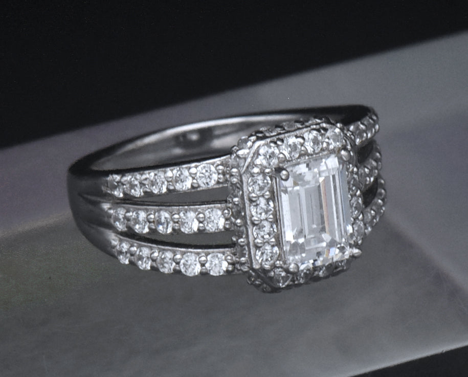 Sterling Silver Emerald Cut Cubic Zirconia Halo Ring - Size 6.25