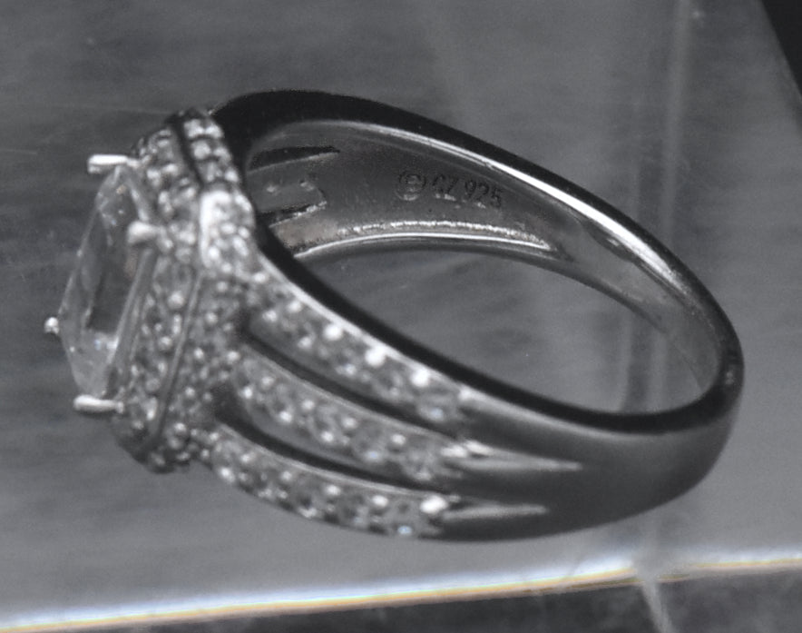 Sterling Silver Emerald Cut Cubic Zirconia Halo Ring - Size 6.25
