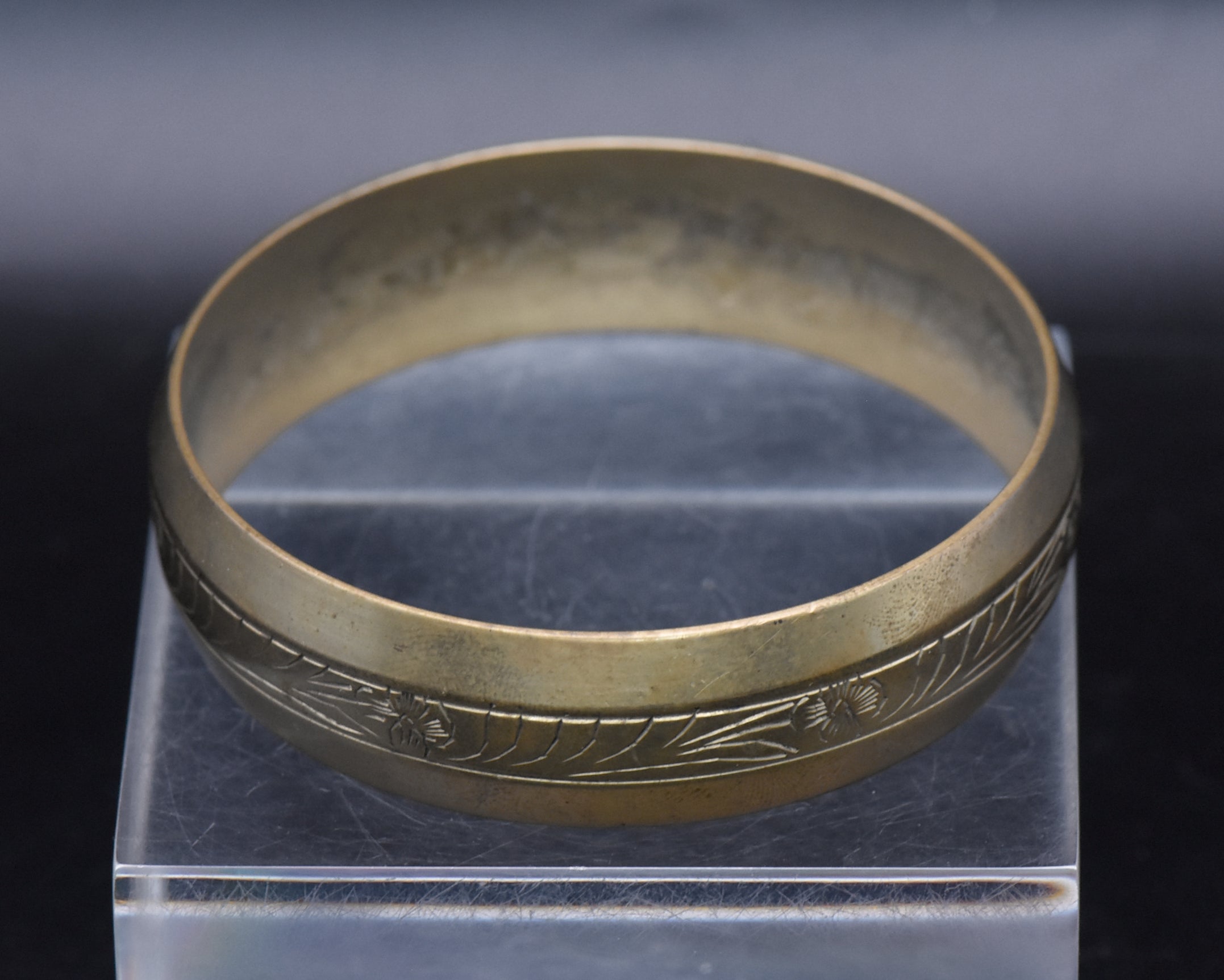 Vintage Brass Hand Engraved Wide Bangle Bracelet
