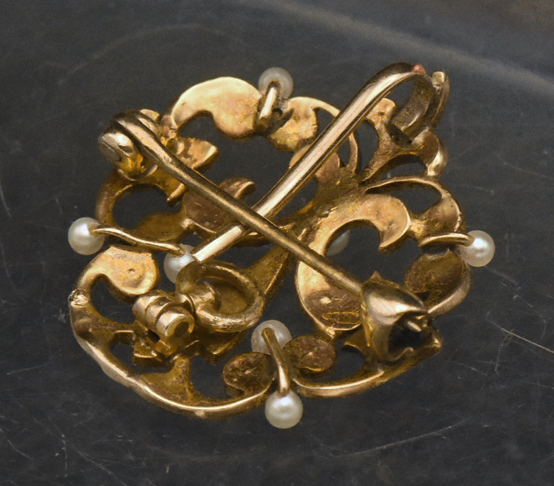 Vintage Handcrafted 14K Gold and Cultured Pearl Fleur-de-Lis Brooch/Pendant