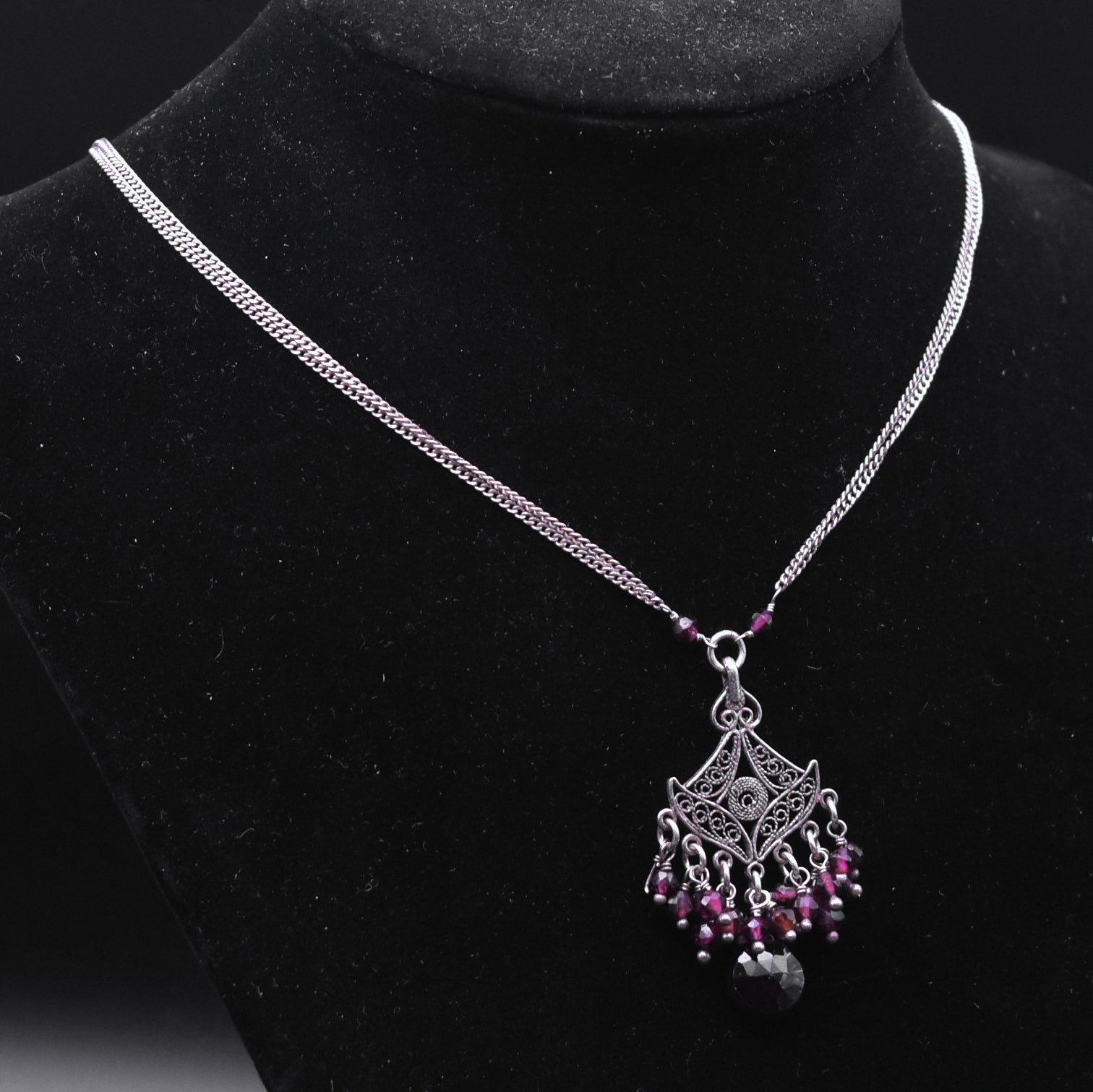 Vintage Sterling Silver and Garnet Double Chain Necklace Pendant