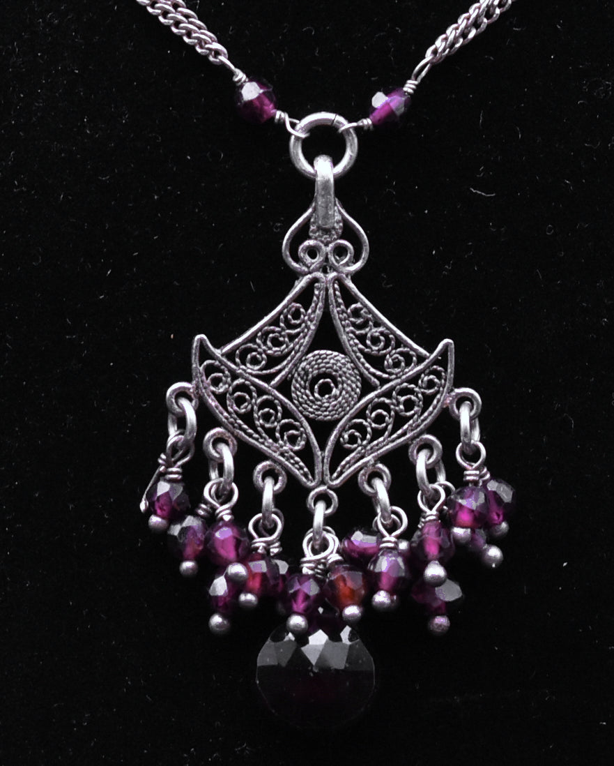 Vintage Sterling Silver and Garnet Double Chain Necklace Pendant
